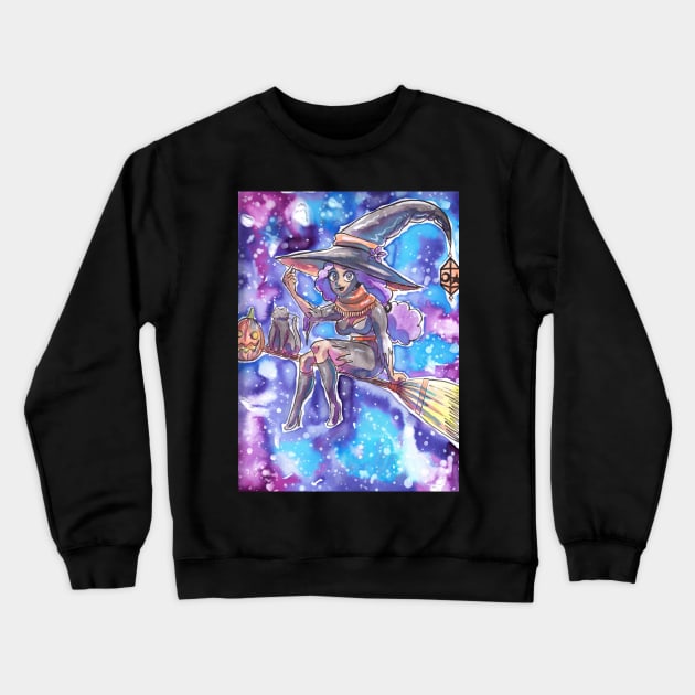 Cute Witch Girl on a Broomstick with her Cat Crewneck Sweatshirt by saradaboru